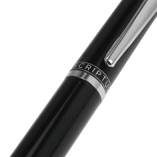 A black metal ballpoint pen with a silver clip and branding detail.