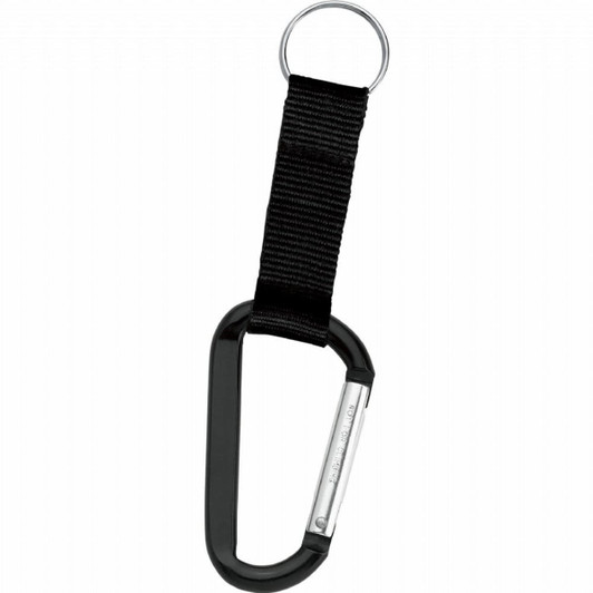 A black carabiner with a woven strap and metal keyring attachment. Features a branding logo.