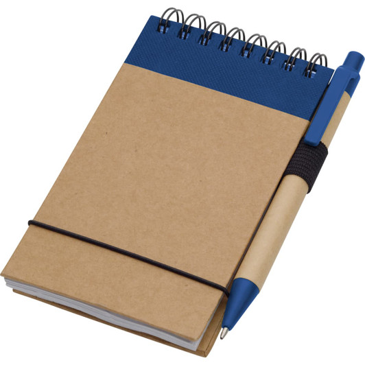A recycled notepad with a blue top section and elastic band, accompanied by a blue pen.