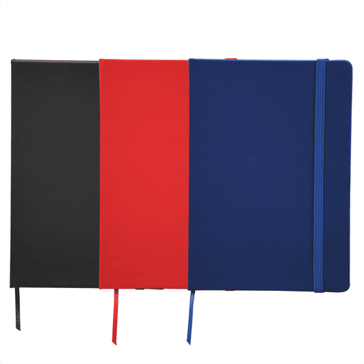 A set of three 5 x 7 inch notebooks featuring black, red, and blue covers with an elastic closure and ribbon bookmark.