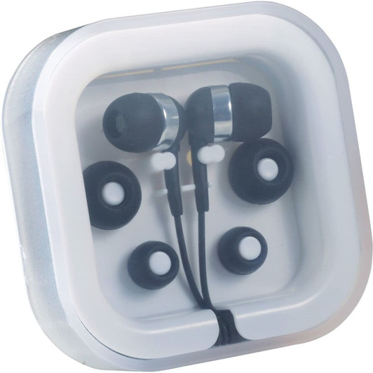Colour Pop earbuds with a microphone in a transparent case, featuring various ear tip sizes.