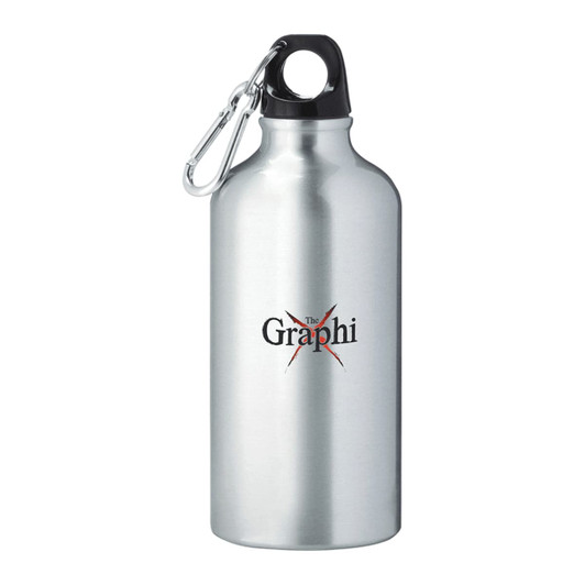 A drink bottle made of aluminium, featuring a silver finish and a black cap, with a logo on the surface.