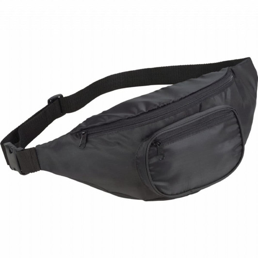 A black fanny pack with a zippered front pocket and an adjustable strap. It has a simple, sleek design.