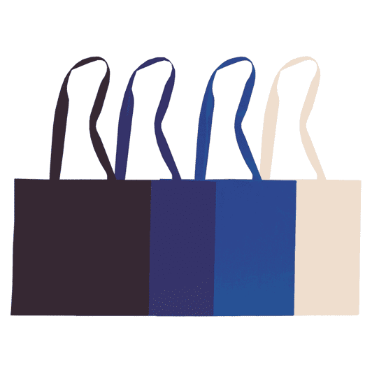 A set of four tote bags in navy, royal blue, cream, and dark purple, each featuring a handle and a logo.