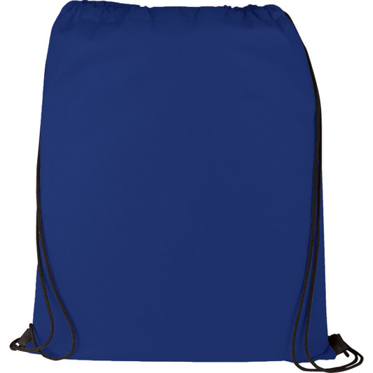 A blue non-woven drawstring sportspack with black cords and a logo. Ideal for carrying small items.