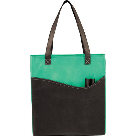 A green and black non-woven tote bag with a large compartment and a pocket on the front. It has sturdy handles and a logo.