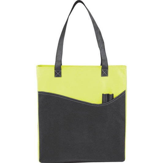 A non-woven tote bag in bright yellow and black, featuring a front pocket with a pen holder and a logo.