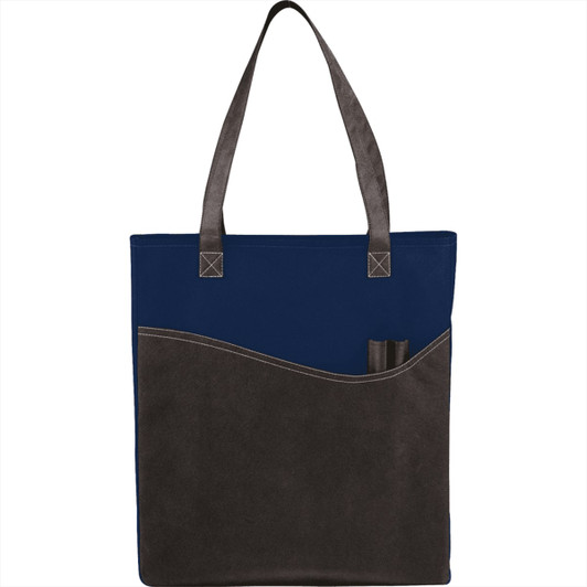 A navy and grey non-woven tote bag with long handles and a side pocket for pens. Includes a logo.
