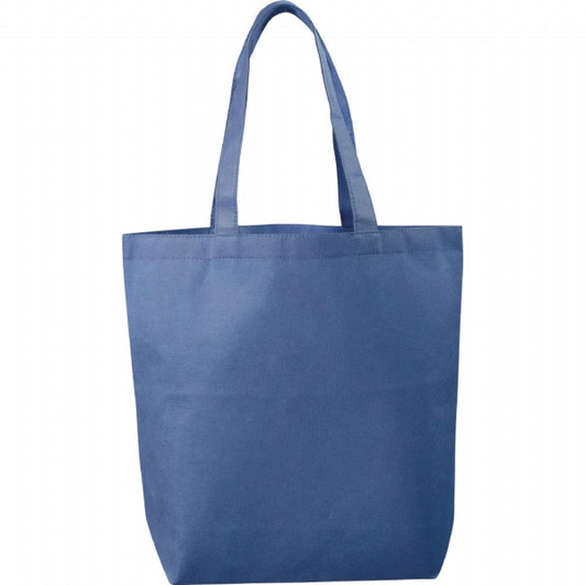 A blue non-woven tote bag with two handles, featuring a logo. Ideal for various carrying needs.