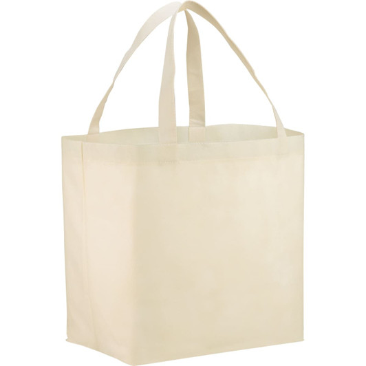 A beige non-woven tote bag with two handles and a rectangular shape. It features a simple design and includes a logo.