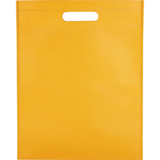 A yellow non-woven tote bag with a handle and a textured surface, featuring a logo.