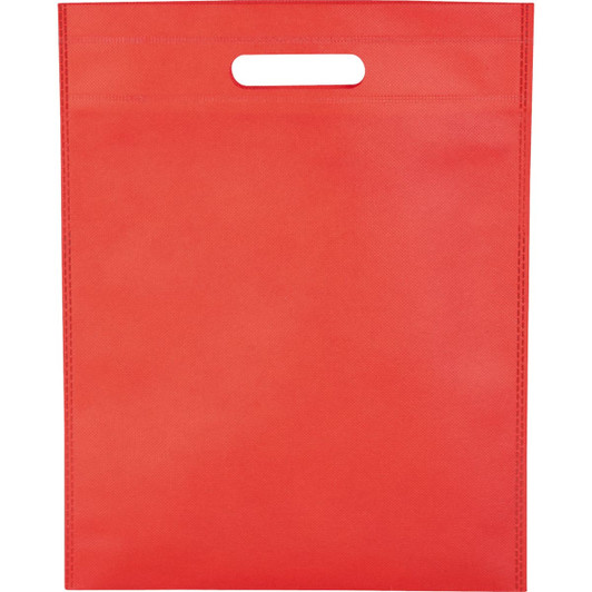 A red non-woven tote bag with a cut-out handle and a simple design featuring a logo.