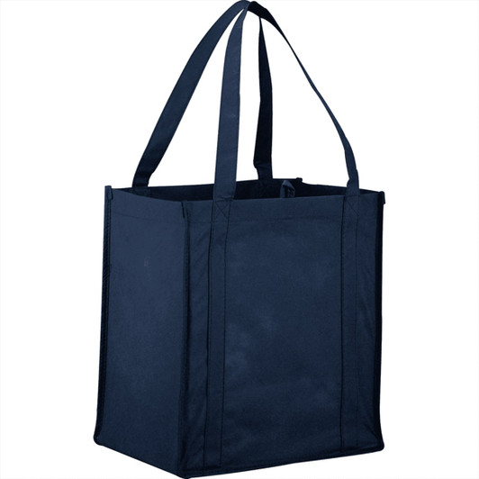 A navy blue non-woven grocery tote with two long handles and a structured design. Features a logo.