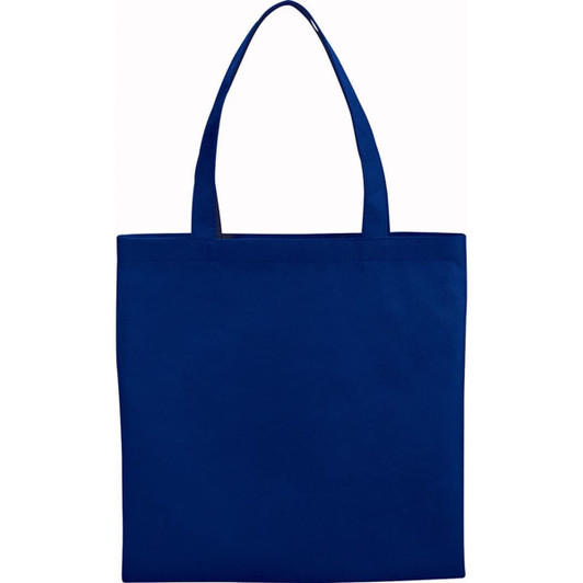 A blue non-woven tote bag with two long handles and a simple design. It features a logo on one side.