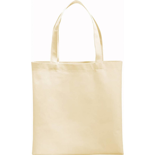 A beige non-woven tote bag with two handles and a blank surface. It features a logo on one side.