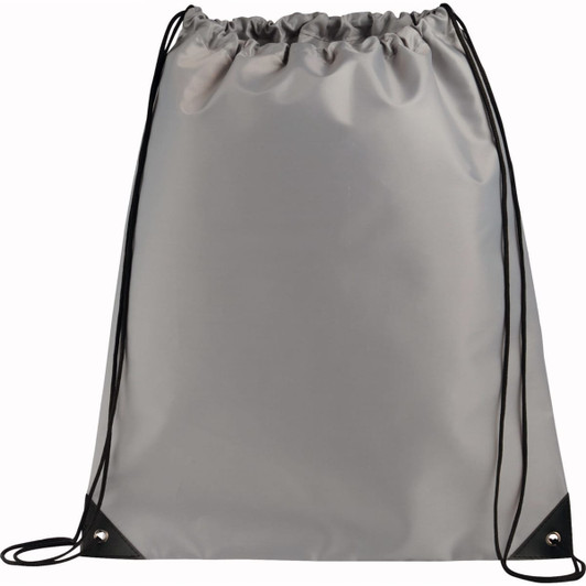 A large grey drawstring sportspack with black cord straps and triangular corners. It features a logo.
