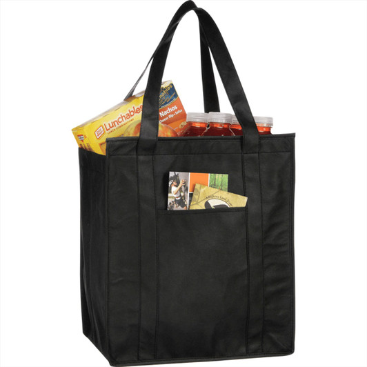 A black insulated grocery tote bag loaded with snacks and drink bottles, featuring a side pocket.
