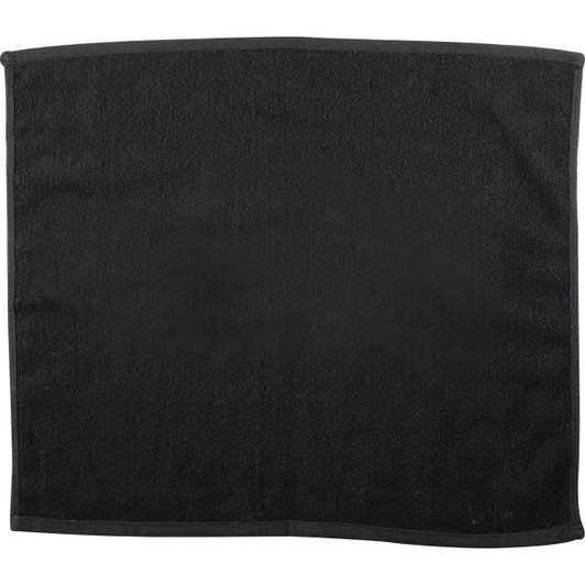 A black gym towel with a textured surface and a bordered edge. It features a small logo in one corner.