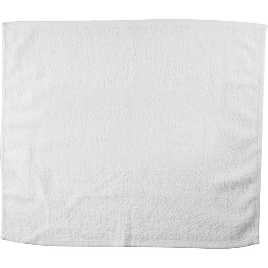 A white gym towel with a soft, textured surface. It features a branding logo on one corner.
