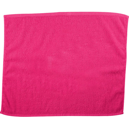 A pink gym towel with a soft texture, featuring a logo on one side. Ideal for leisure and outdoor activities.
