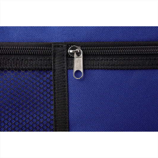 A close-up of a blue multi-purpose travel bag featuring a black zipper and mesh detailing.