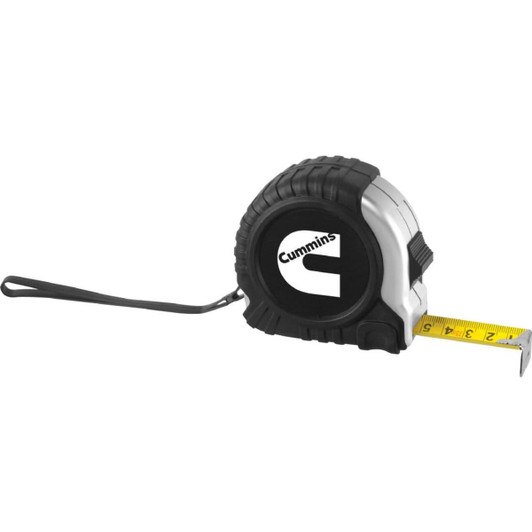 A black and silver tape measure with a branding logo, featuring a yellow measuring tape extending from it.