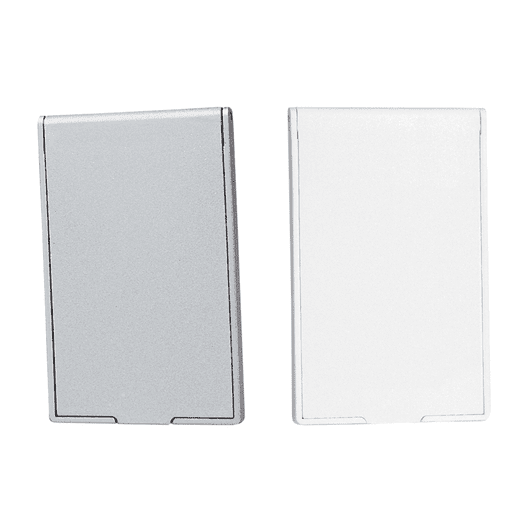 A silver and white stand-up pocket mirror duo, featuring a sleek, rectangular design and a logo on one side.