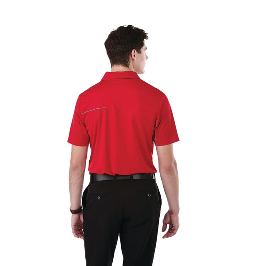 A red short sleeve polo shirt with a black trim, featuring a logo and displayed from the back.