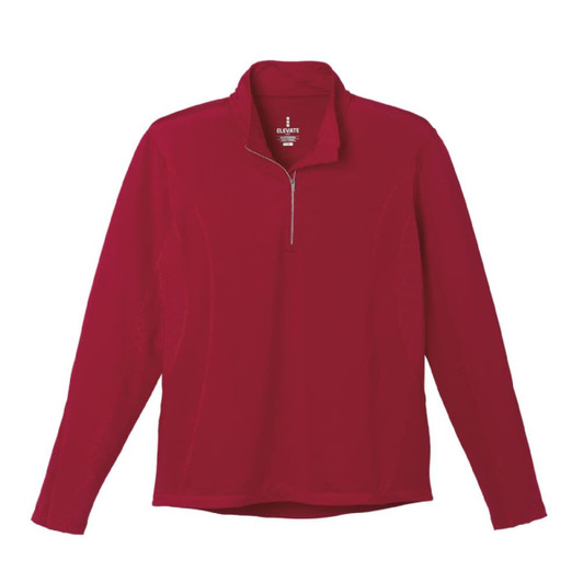 A red knit quarter zip jumper for men, featuring long sleeves and a partial zip front. Includes a logo.