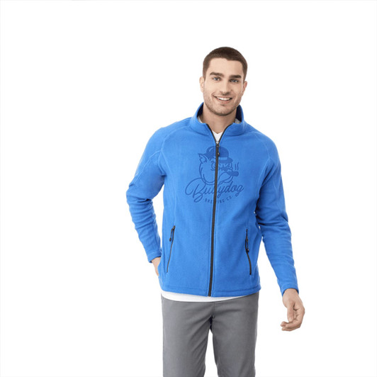 A blue men's polar fleece jacket with a logo on the front and zippered pockets.