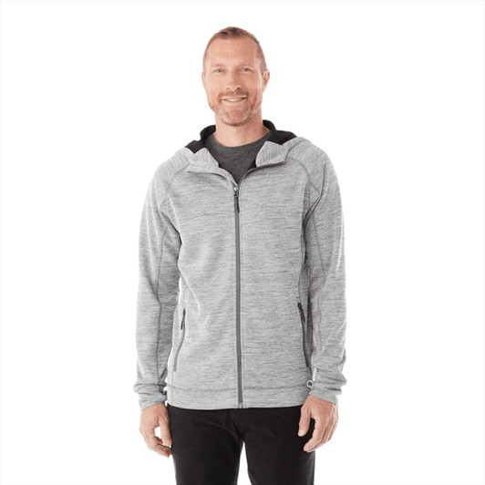 A men's zip hoody in grey with a black-lined hood, featuring a zip closure and a logo.