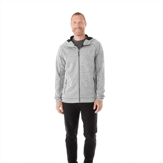 A grey zip-up hoodie for men, featuring a hood and a relaxed fit, modelled by a man standing.