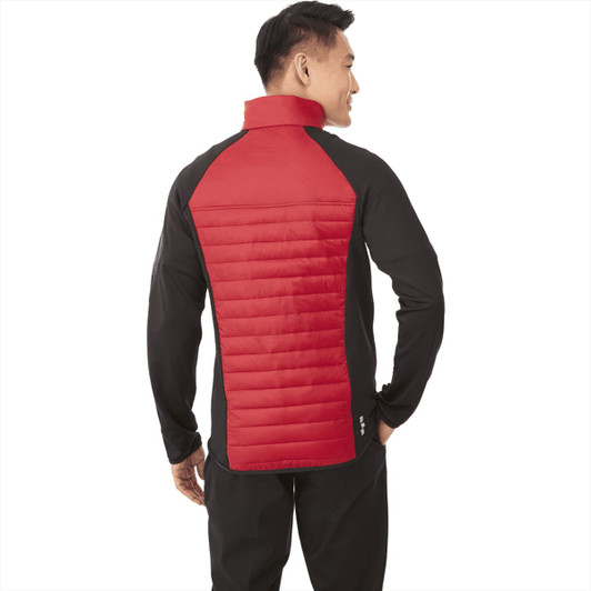 A men's hybrid insulated jacket featuring a red back and black sleeves, designed for warmth and comfort.