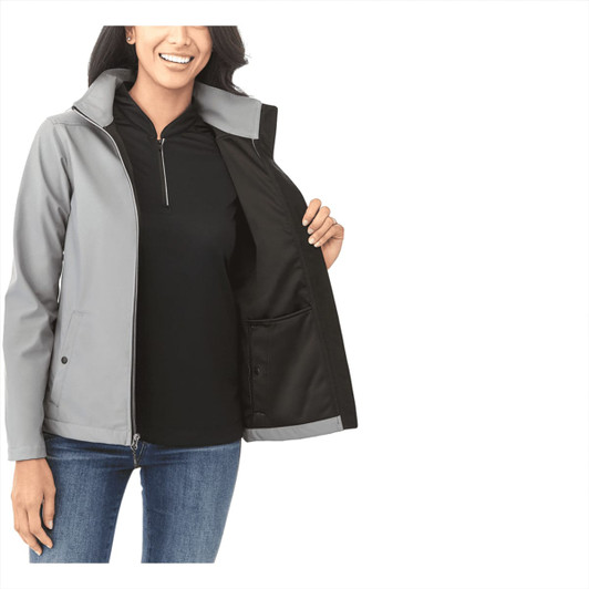 A women's softshell jacket in grey with a black interior, featuring a zippered front and pockets.