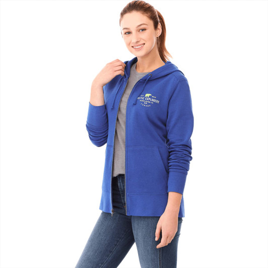 A blue women's hoodie featuring a hood, zip closure, and a logo on the chest.