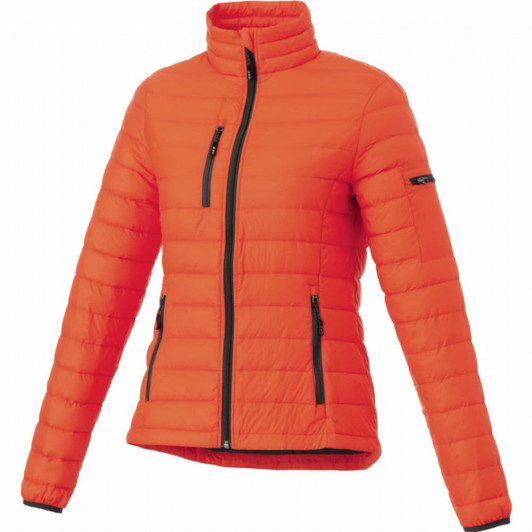 An orange puffer jacket for women with zippered pockets and a high collar. It features a branding logo on the sleeve.