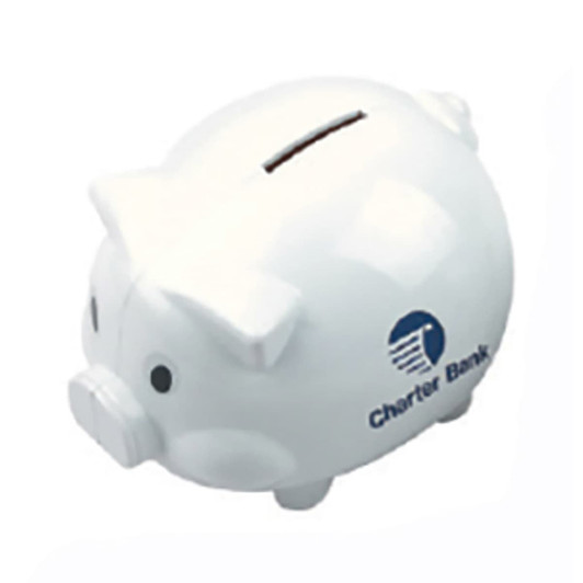 A white pig-shaped coin bank with a slot for coins and a branding logo on the side.