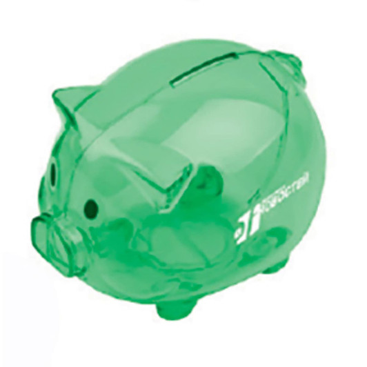 A transparent green pig-shaped coin bank with a slot for inserting coins and a branding logo.