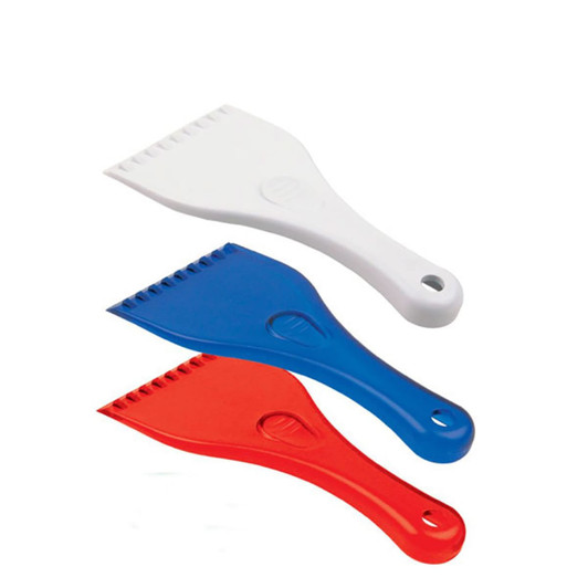 Three plastic ice scrapers in white, blue, and red. Each scraper has a flat edge and a textured grip handle.