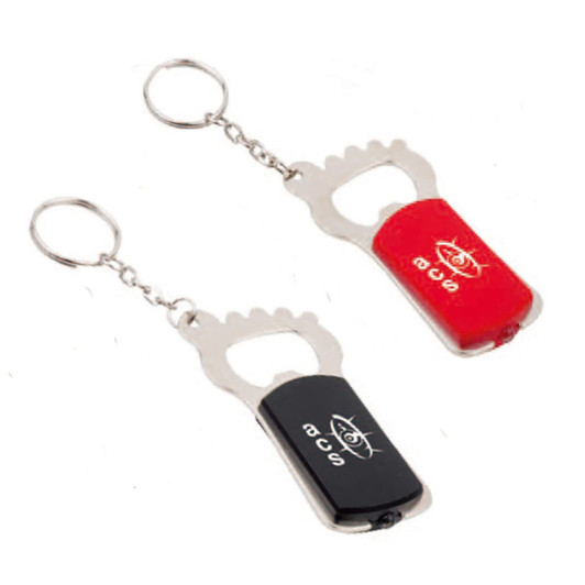 A drink bottle opener with light, featuring black and red colour options, attached to keyrings. It has a logo.