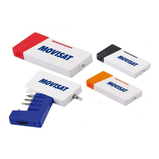 A set of compact tools including a blue multi-tool and three smaller tools in red, black, and white, featuring a logo.