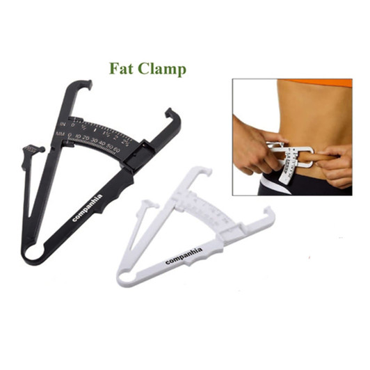 A black and a white fat caliper with measurement scales, designed for assessing body fat thickness. Each caliper has a logo.