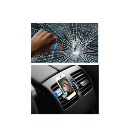 A car emergency hammer in silver and blue, with a mobile phone holder attached to a car air vent.