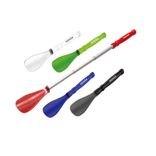 A set of shoe horns in various colours including white, green, red, blue, and black, with a logo on some.