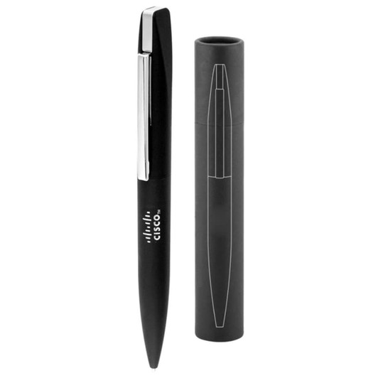 A black Slim Pen placed beside its matching black casing, featuring a silver clip and a logo.