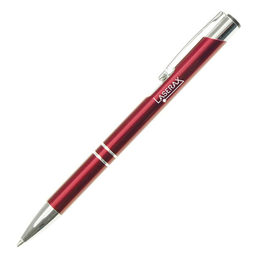 A red metal pen with silver accents and a clip, featuring a logo.