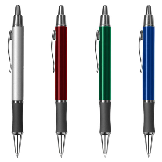 A collection of metal pens in silver, red, green, and blue, featuring a black grip and a logo.
