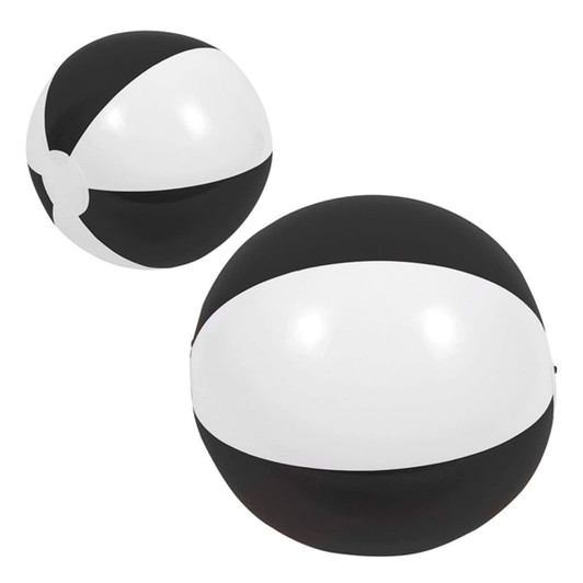A fun black and white beach ball, 28cm in size, designed for outdoor play and games. Features a logo.