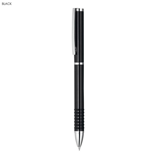 A black metal pen with a sleek design and a silver clip, featuring a textured grip. Branding is present on the pen.