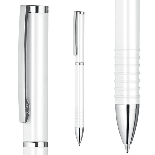 A white metal ball pen features a chrome clip and polished tip, showcasing a sleek and modern design with a textured grip.